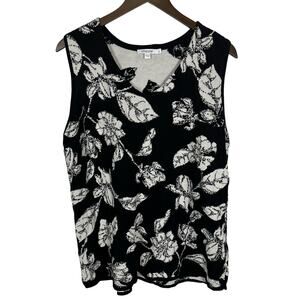 Chico's Black White Floral Sleeveless V-neck Sweater Tank‎ Sz 3 US XL Office